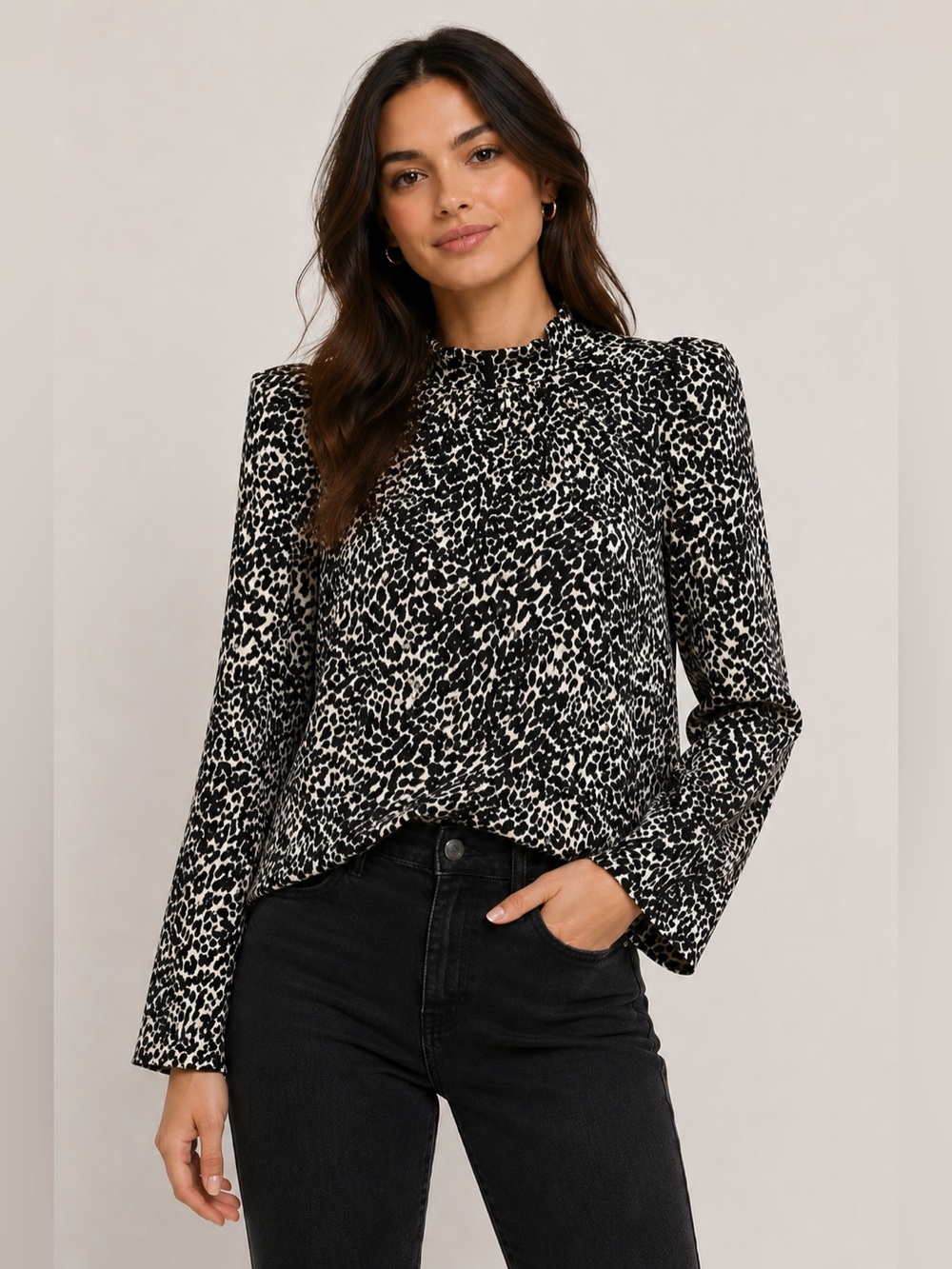 Zara Black and White Animal-Print Long Sleeve Blouse